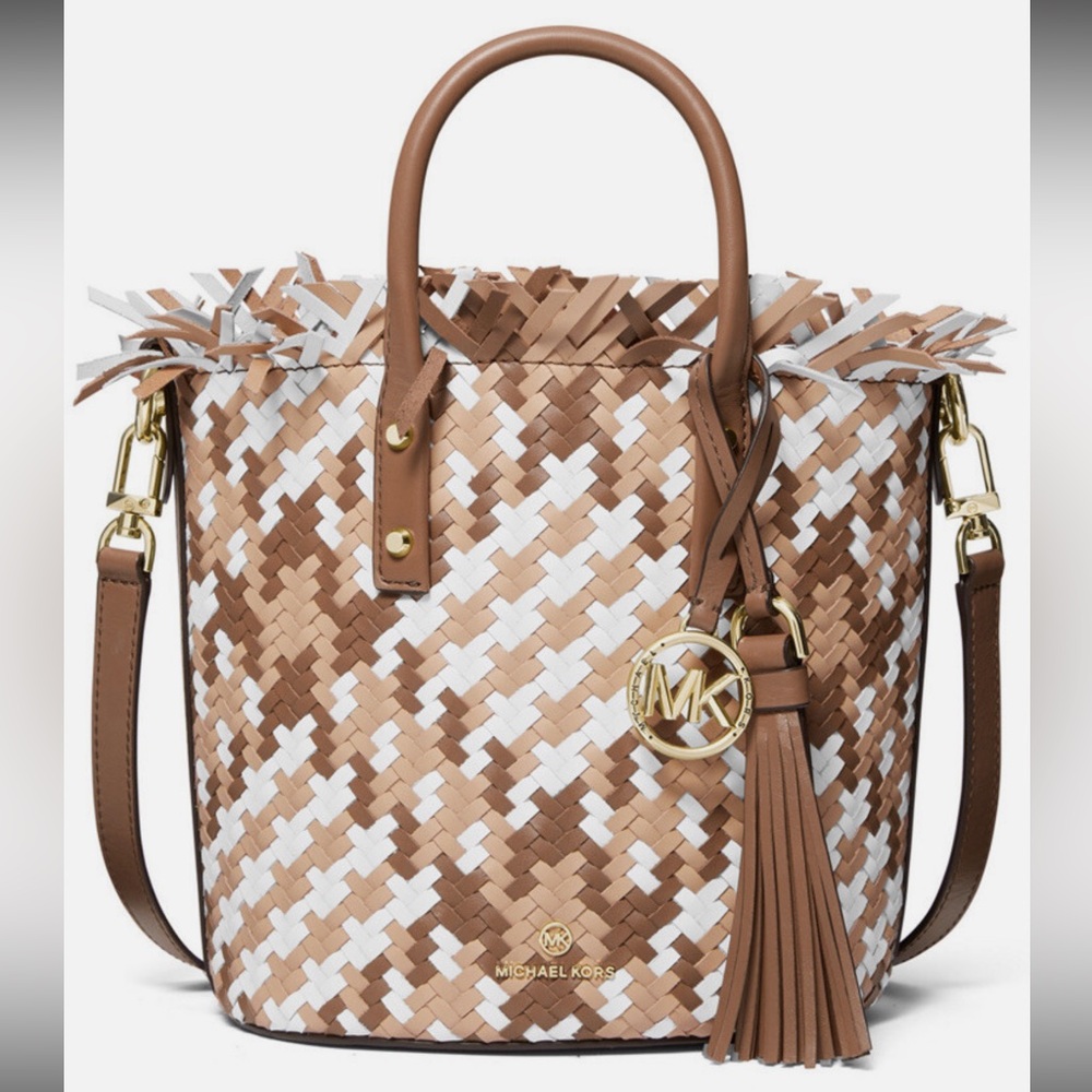 MICHAEL KORS MARLEY WOVEN LEATHER BUCKET MESSENGER BAG‎